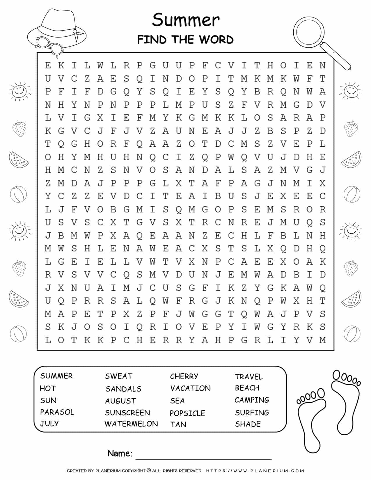 Printable summer word search game for kids