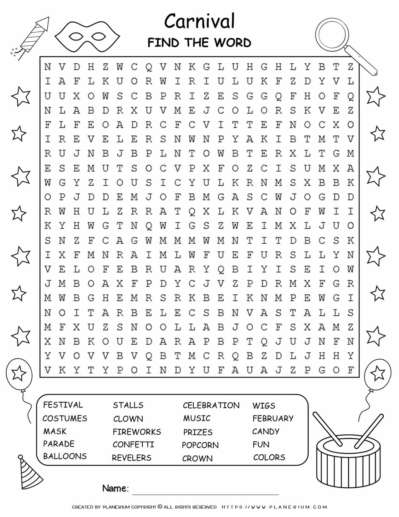 Carnival Word Search Puzzle | Planerium