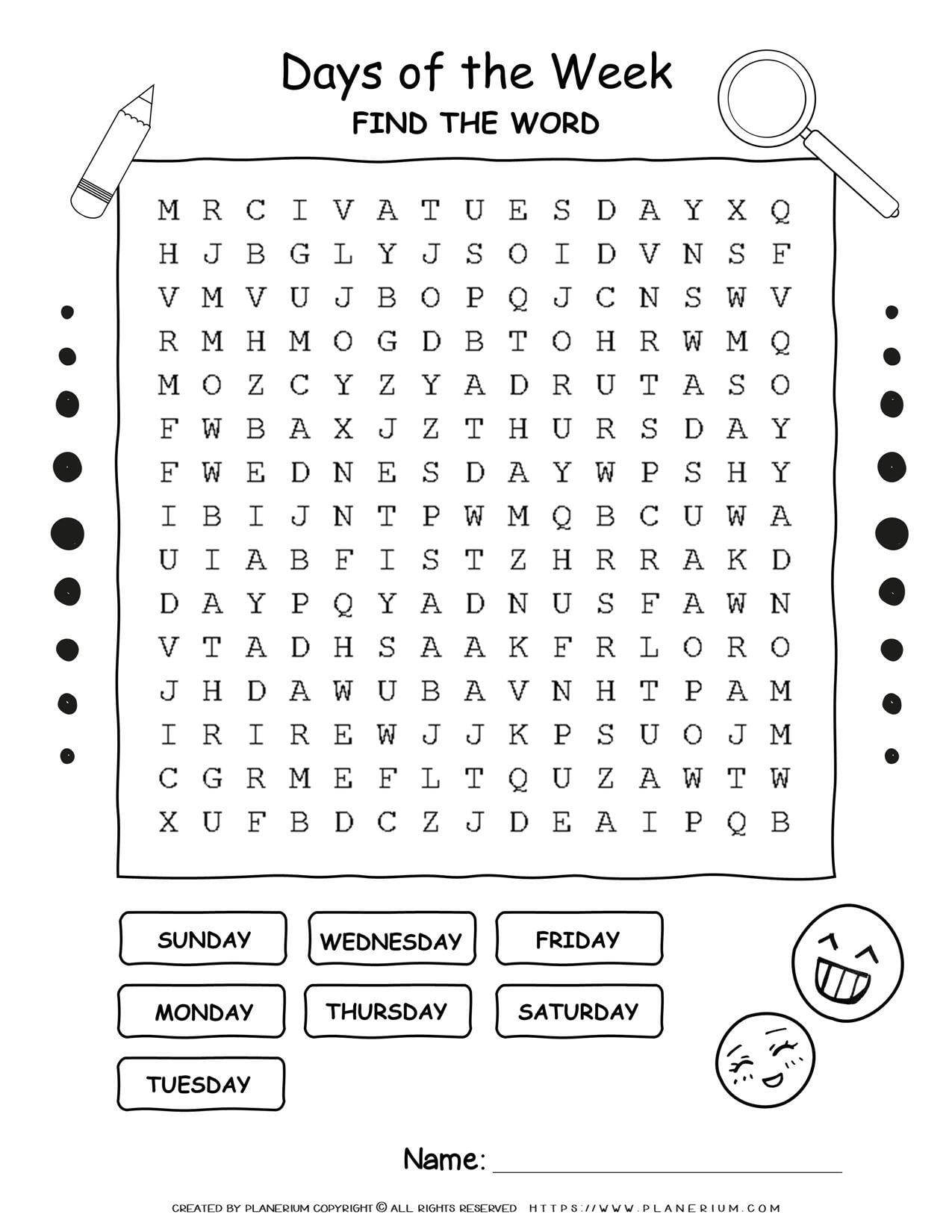 Days Of The Week - Word Search |  Planerium