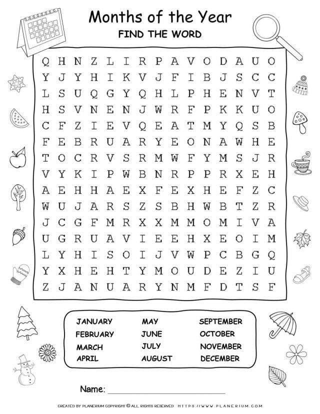 Months Of The Year - Word Search | Planerium