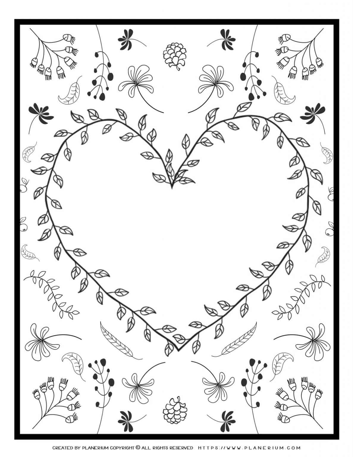 Adult Coloring Page - Heart Leaves Card | Planerium