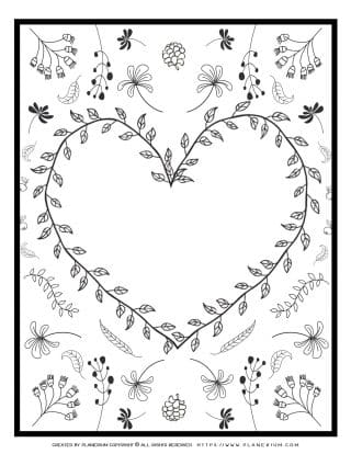 Adult Coloring Page - Heart Leaves Card | Planerium