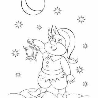 Elf Holding Lantern At Night - Winter Coloring Page | Planerium