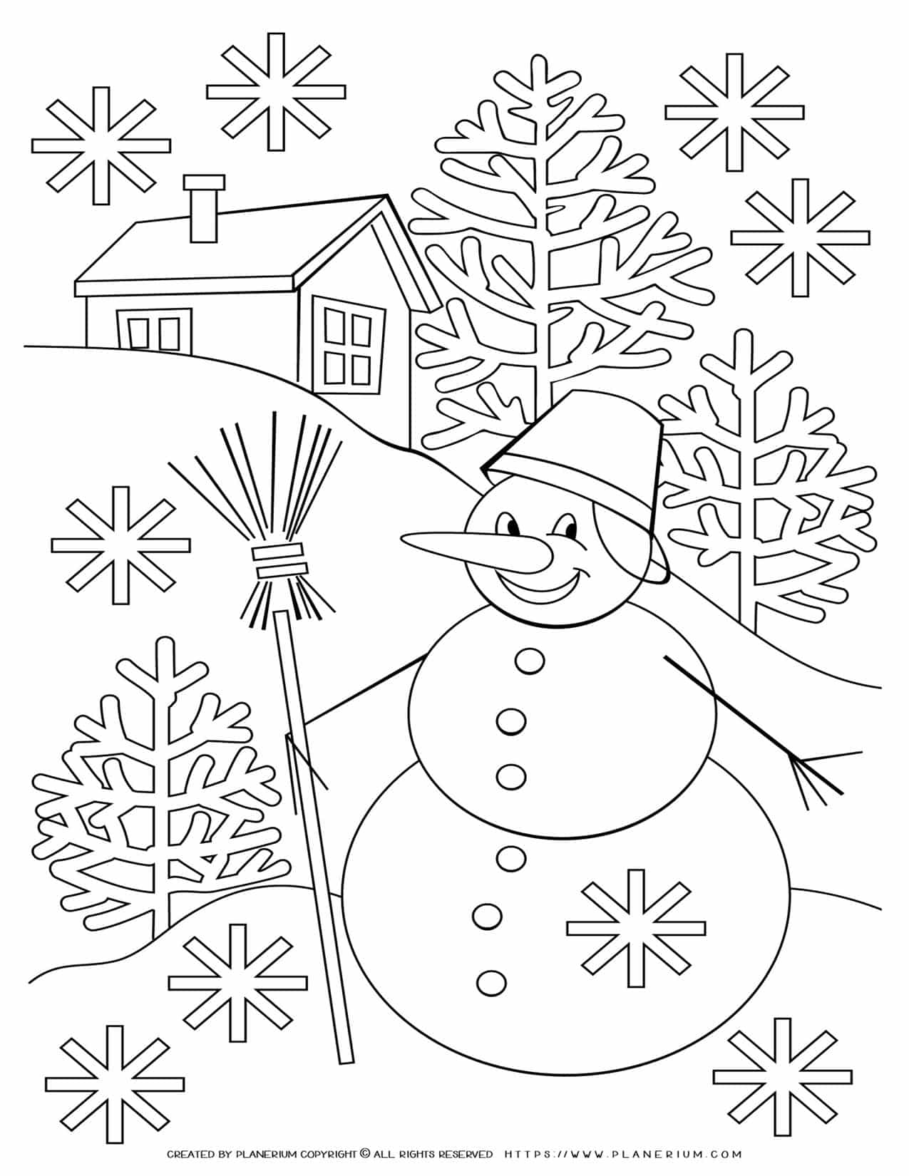 Snowman Holding Broom - Winter Coloring Page | Planerium