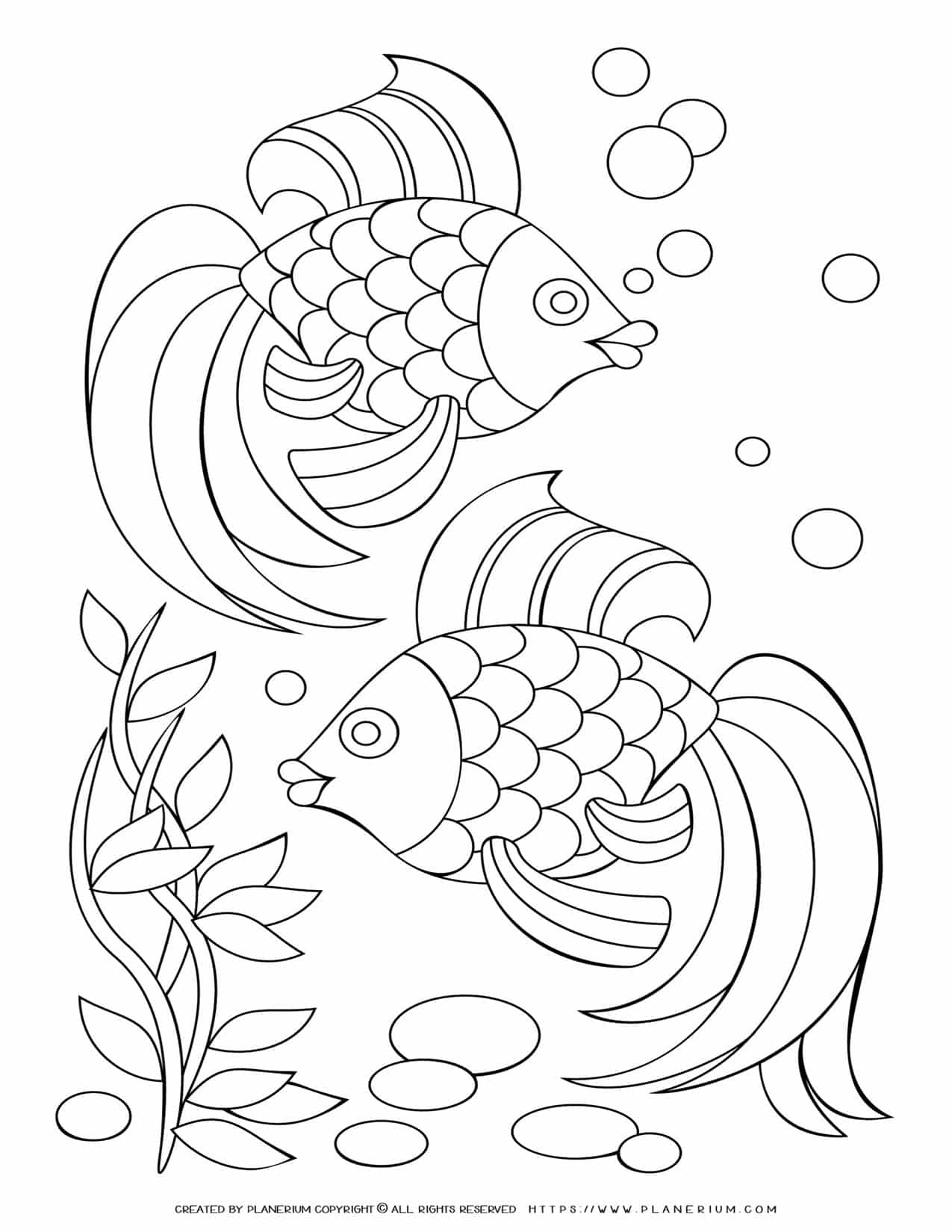Detailed underwater scene with two fish coloring page for kids.