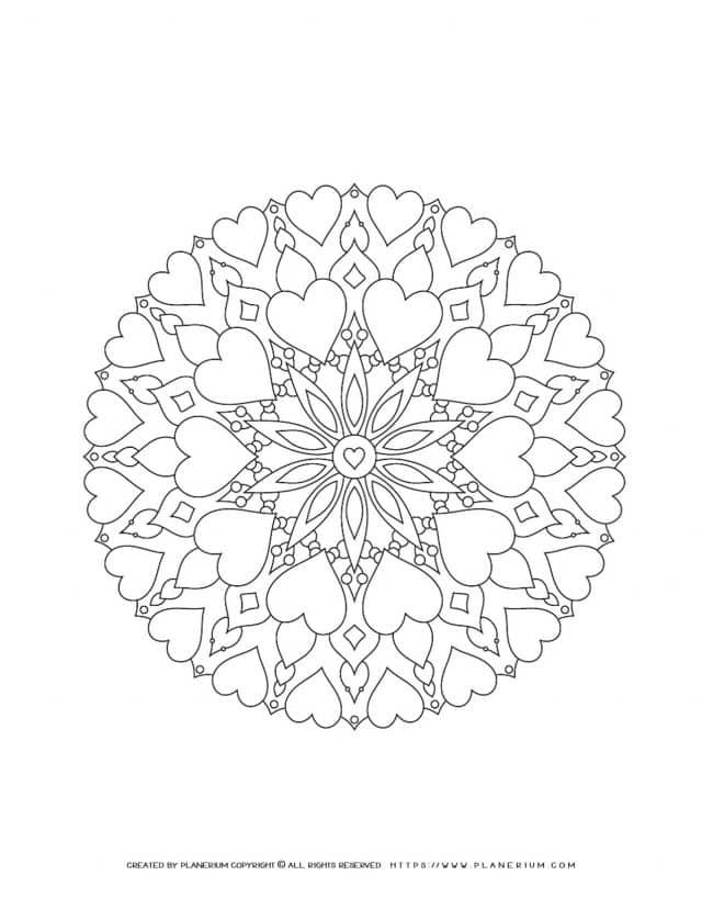 Valentines Day - Coloring Page - Hearts Flower Mandala | Planerium