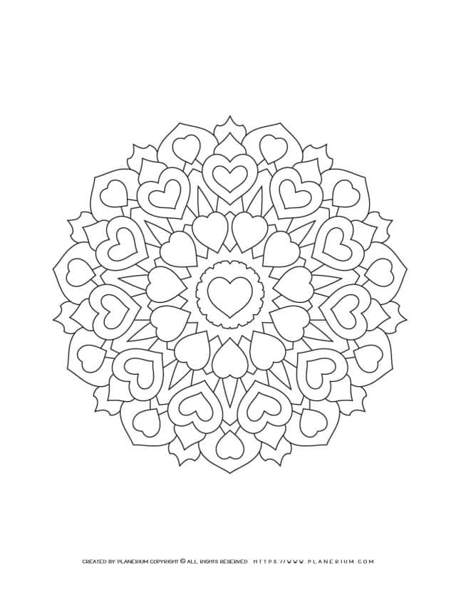Valentines Day - Coloring Page - Hearts Mandala | Planerium