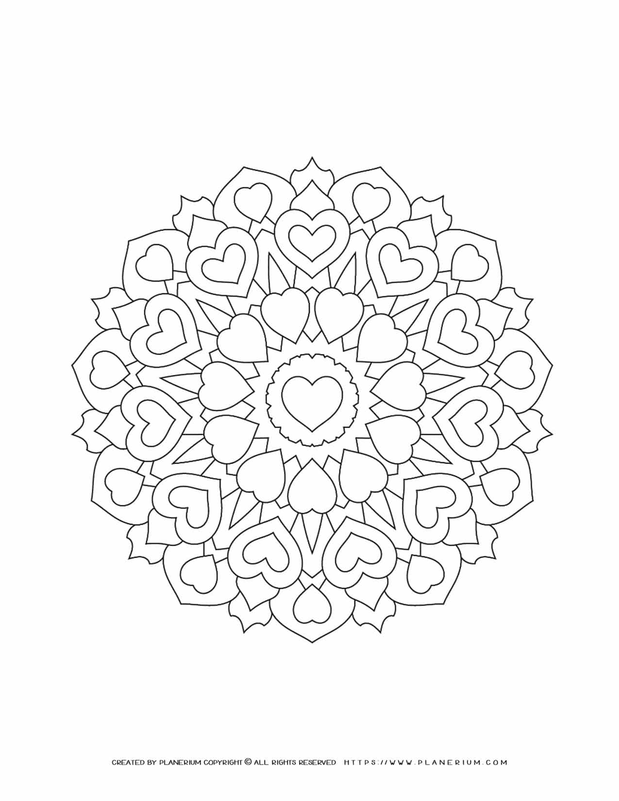 Valentines Day - Coloring Page - Hearts Mandala | Planerium