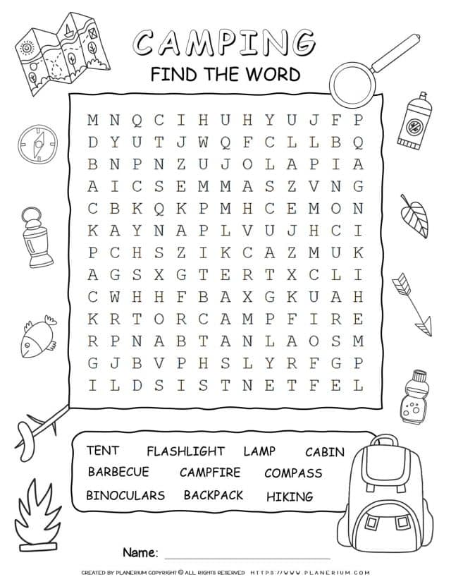 Camping Word Search - Ten Words | Planerium