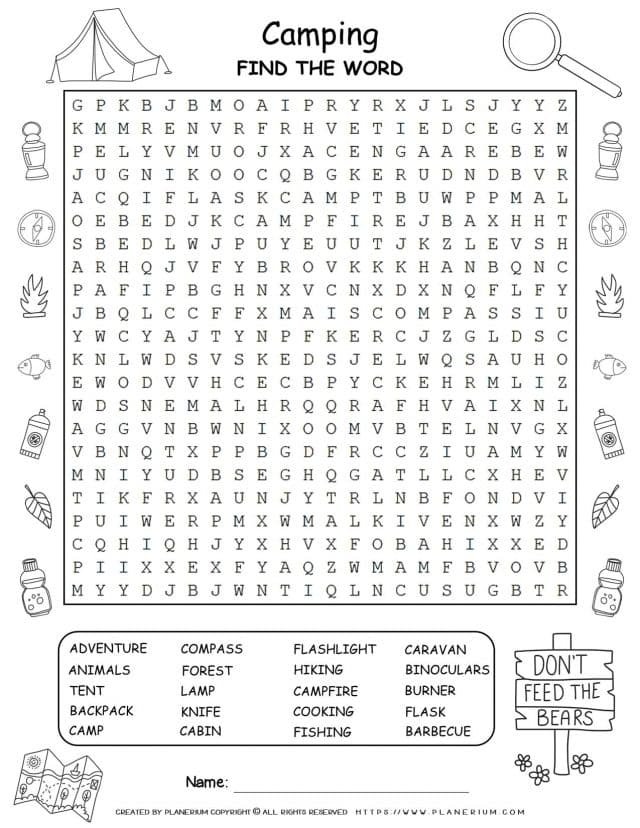 Camping Word Search - Twenty Words | Planerium