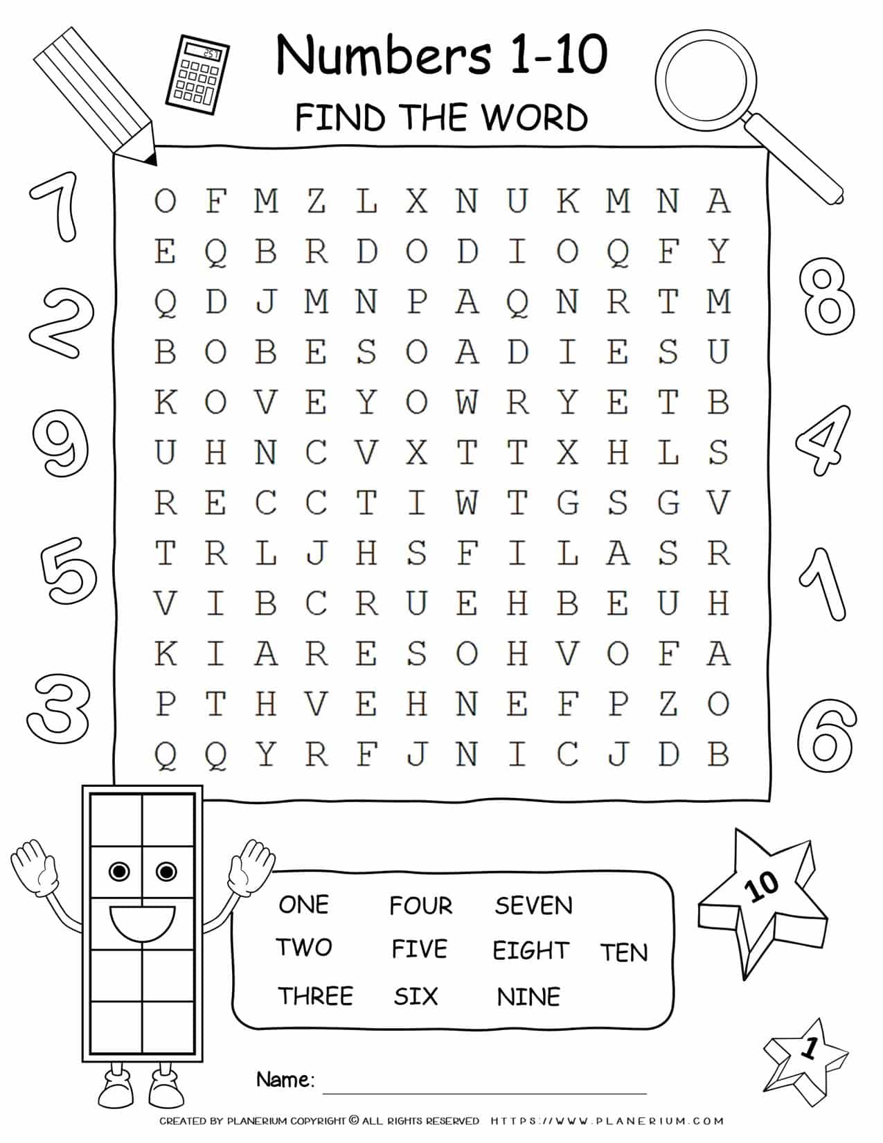 Numbers Word Search - 1-10 | Planerium