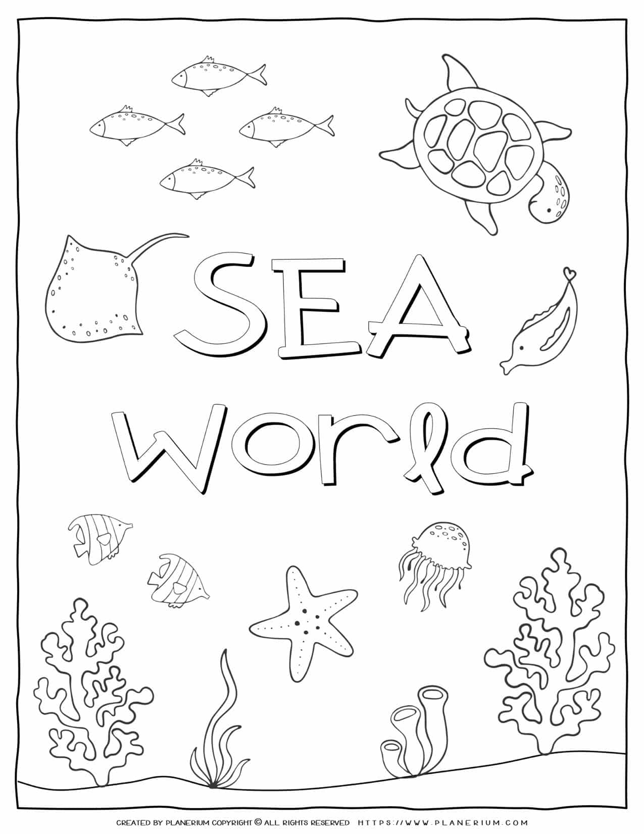 Sea World Coloring Page with a Title | Planerium