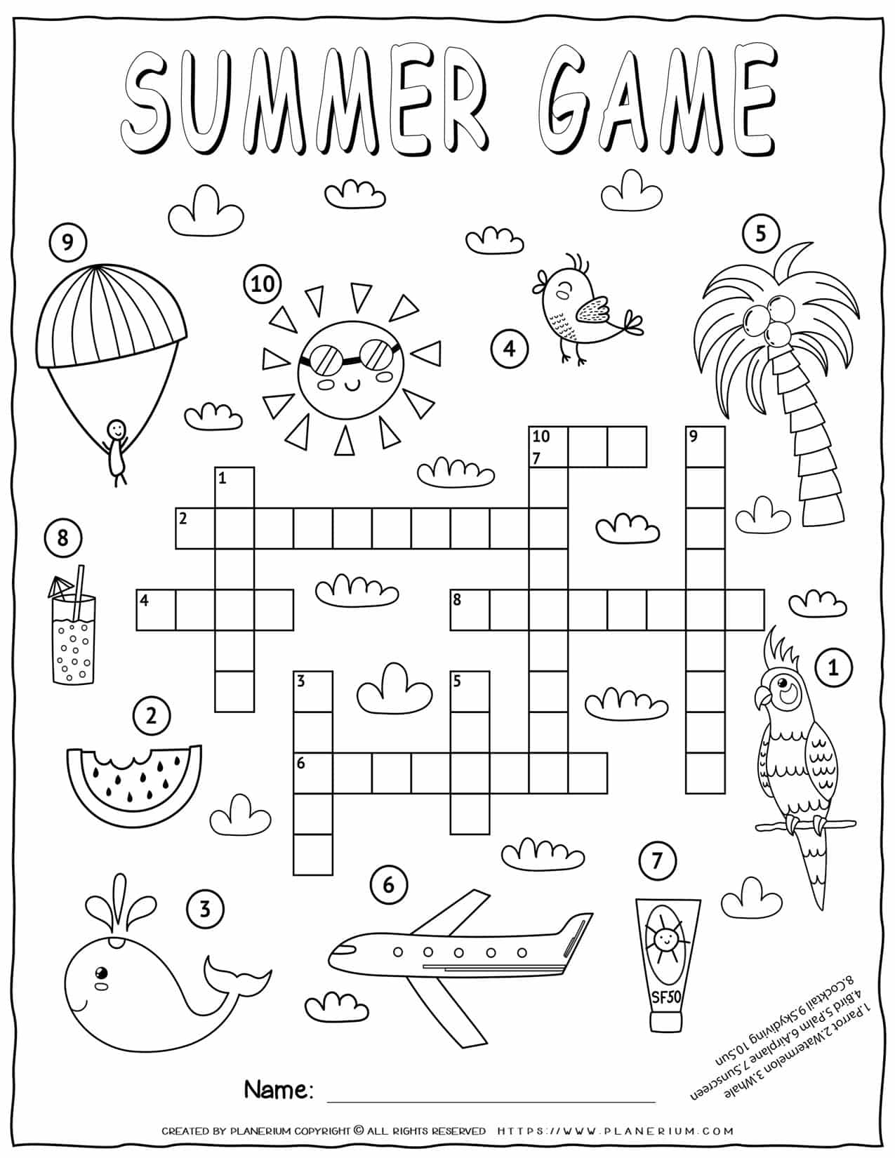 Summer-Themed Image Crossword Game for Kids in Black and White