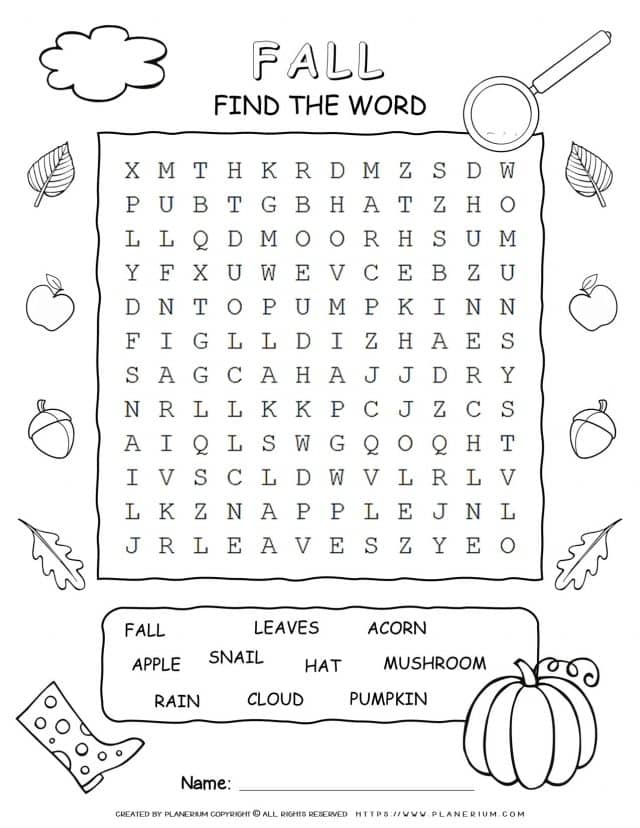 Word Search For Fall with Ten Words | Planerium