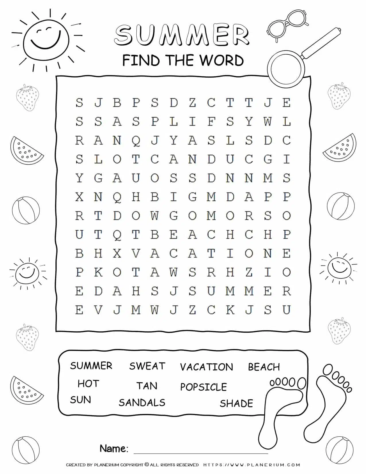 Printable summer word search with ten words for kids