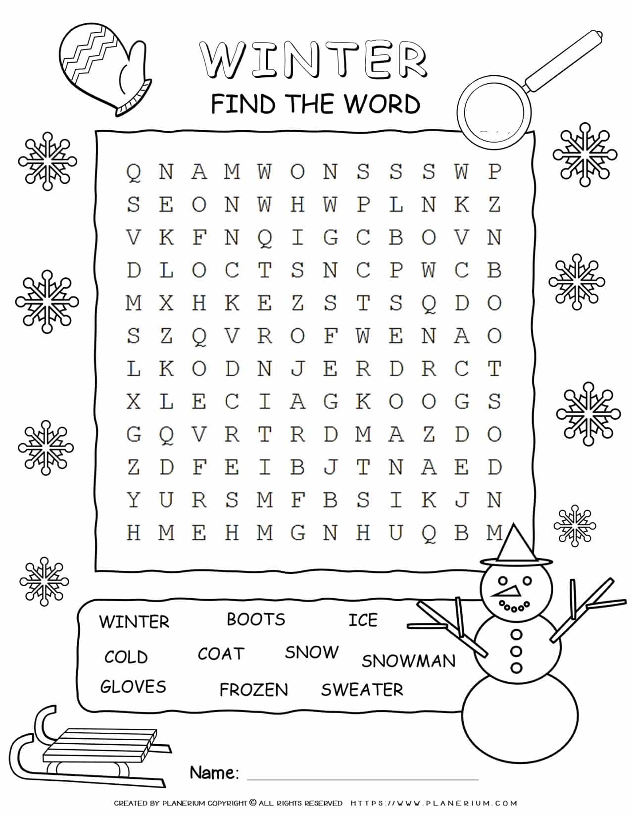 Word Search For Winter with Ten Words | Planerium