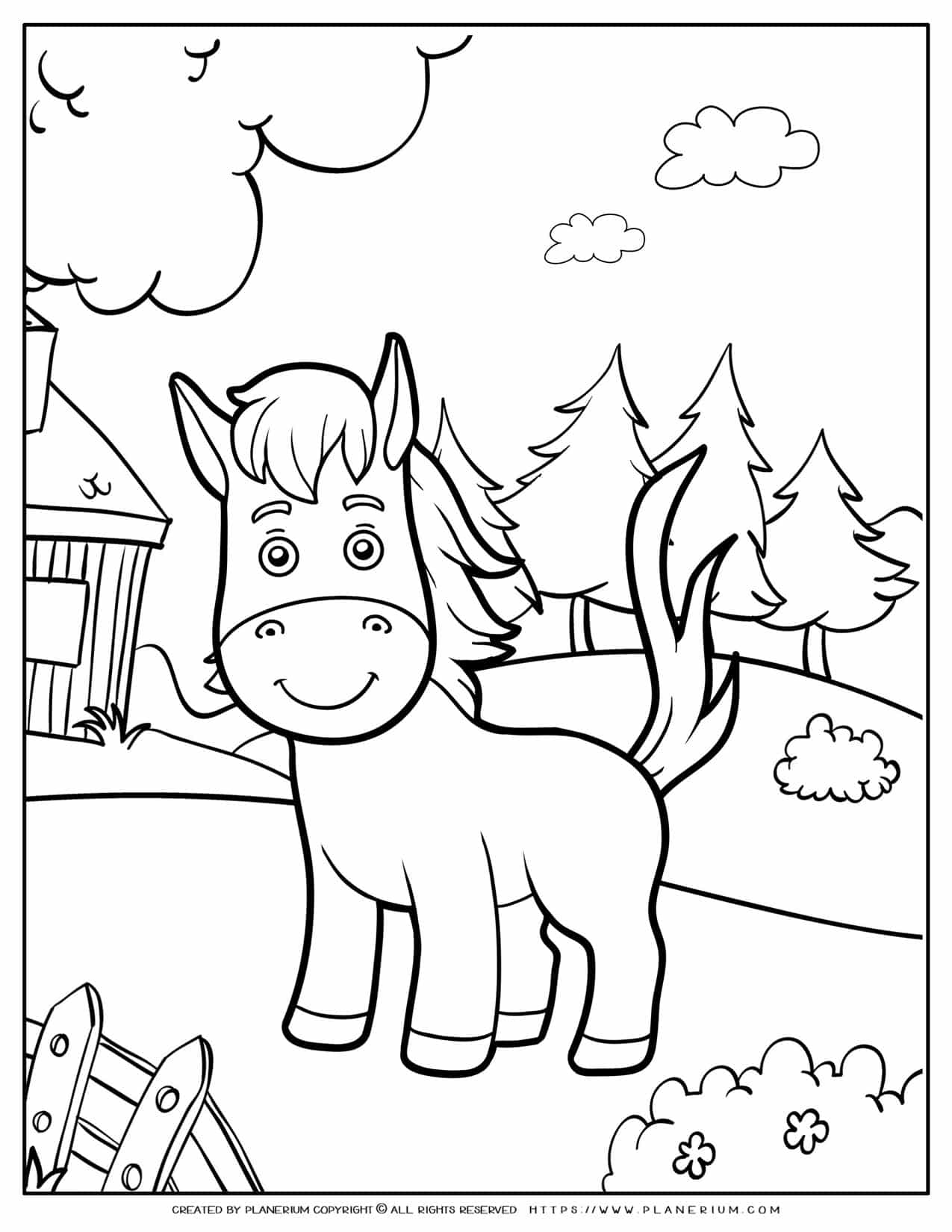 Animals Coloring Page - Horse In a Farm | Planerium
