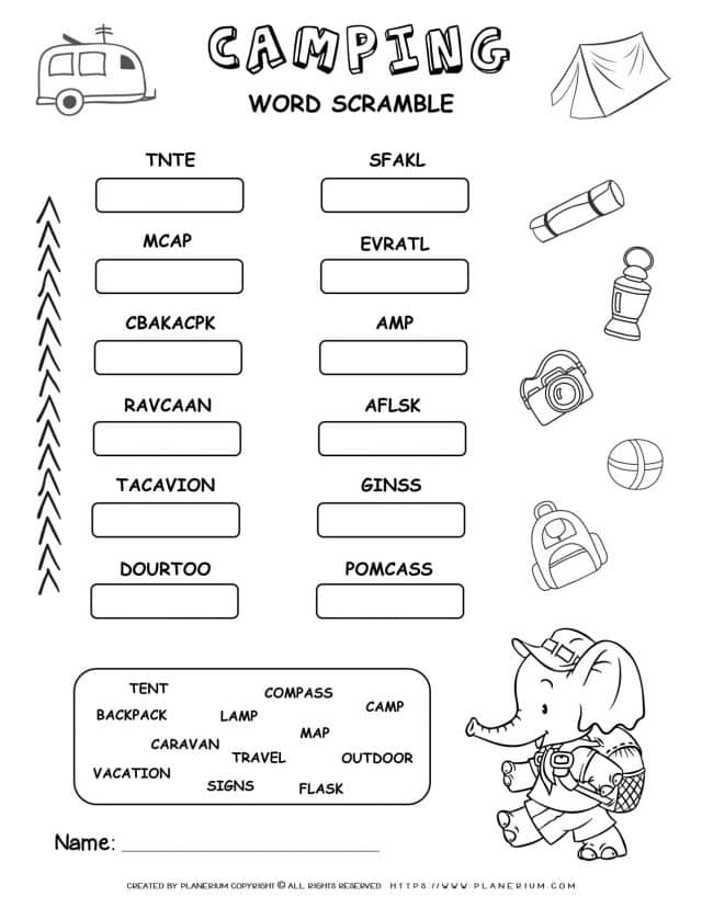 Camping Worksheet - Word Scramble | Planerium