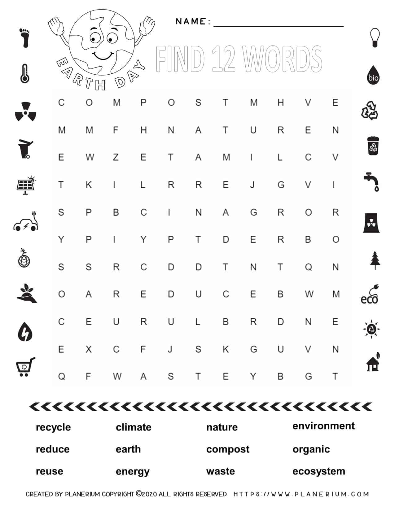 Earth Day Word Search Puzzle with Twelve Words - Eco-Friendly Vocabulary Activity for Kids