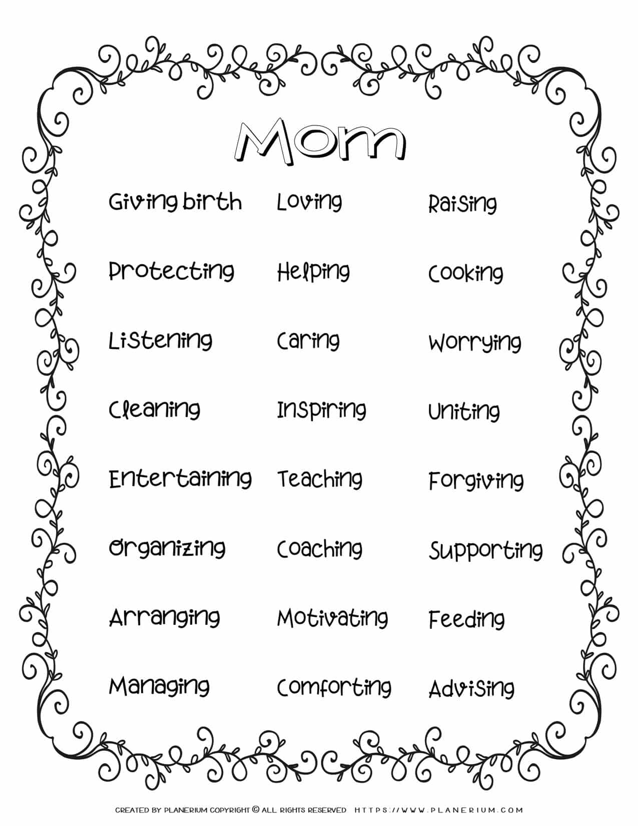 Mother's Day Worksheet - Descriptive Words Poster | Planerium