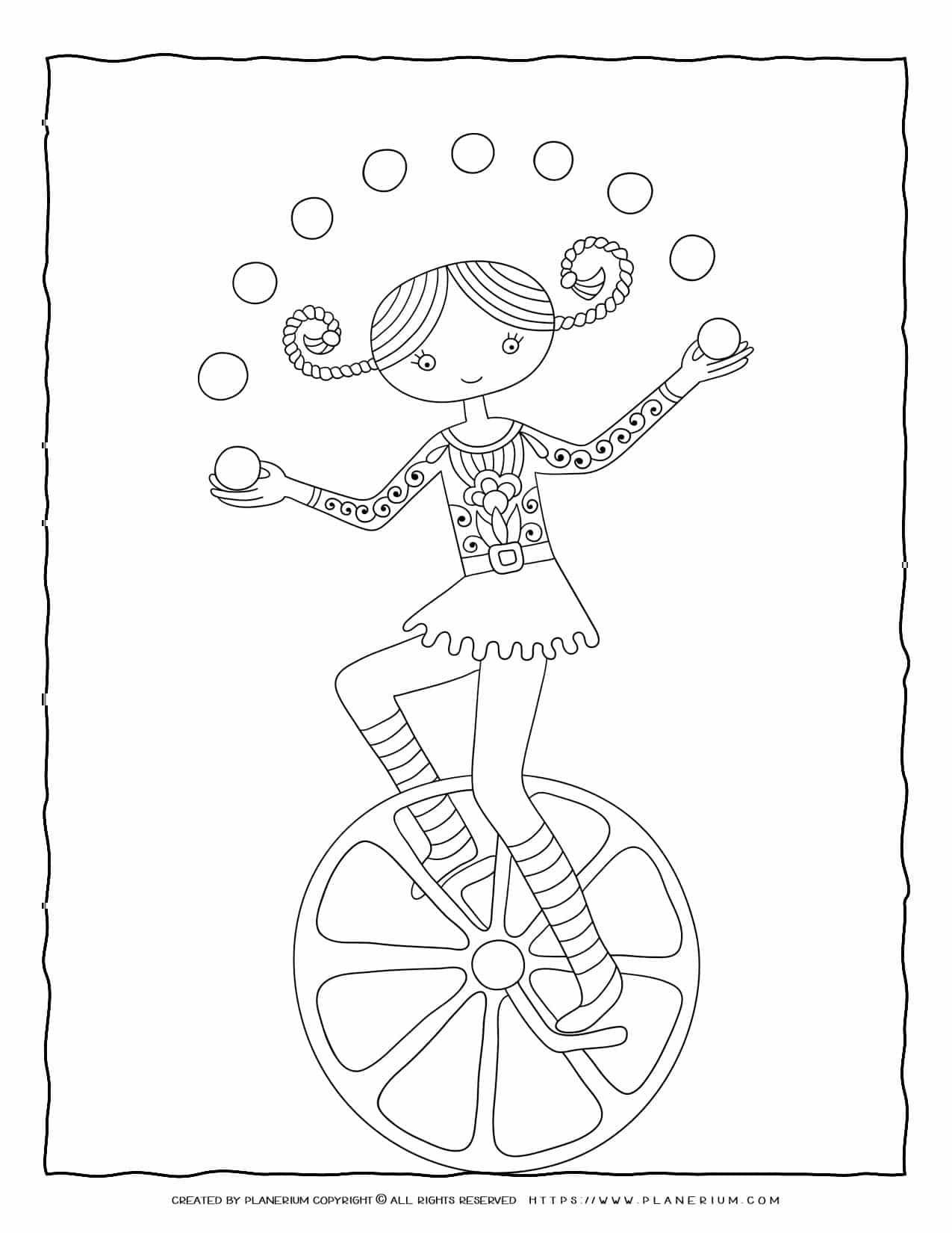 Circus Coloring Page - Acrobat Girl Juggling | Planerium