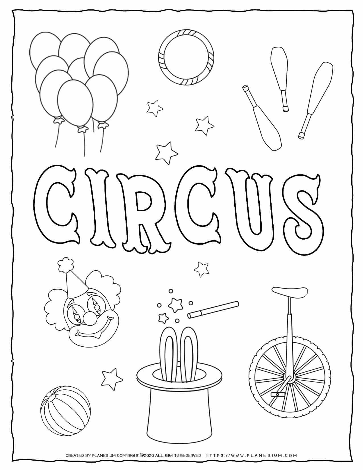 Circus Coloring Page - Circus Title and Objects | Planerium