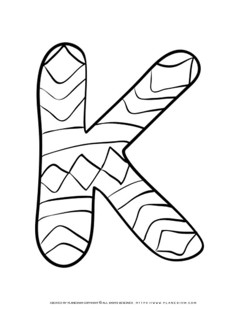 English Alphabet - Capital K with Pattern - Coloring Page | Planerium