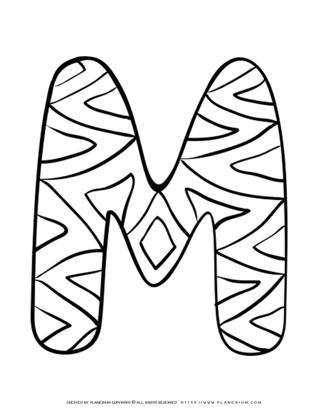 English Alphabet - Capital M with Pattern - Coloring Page | Planerium