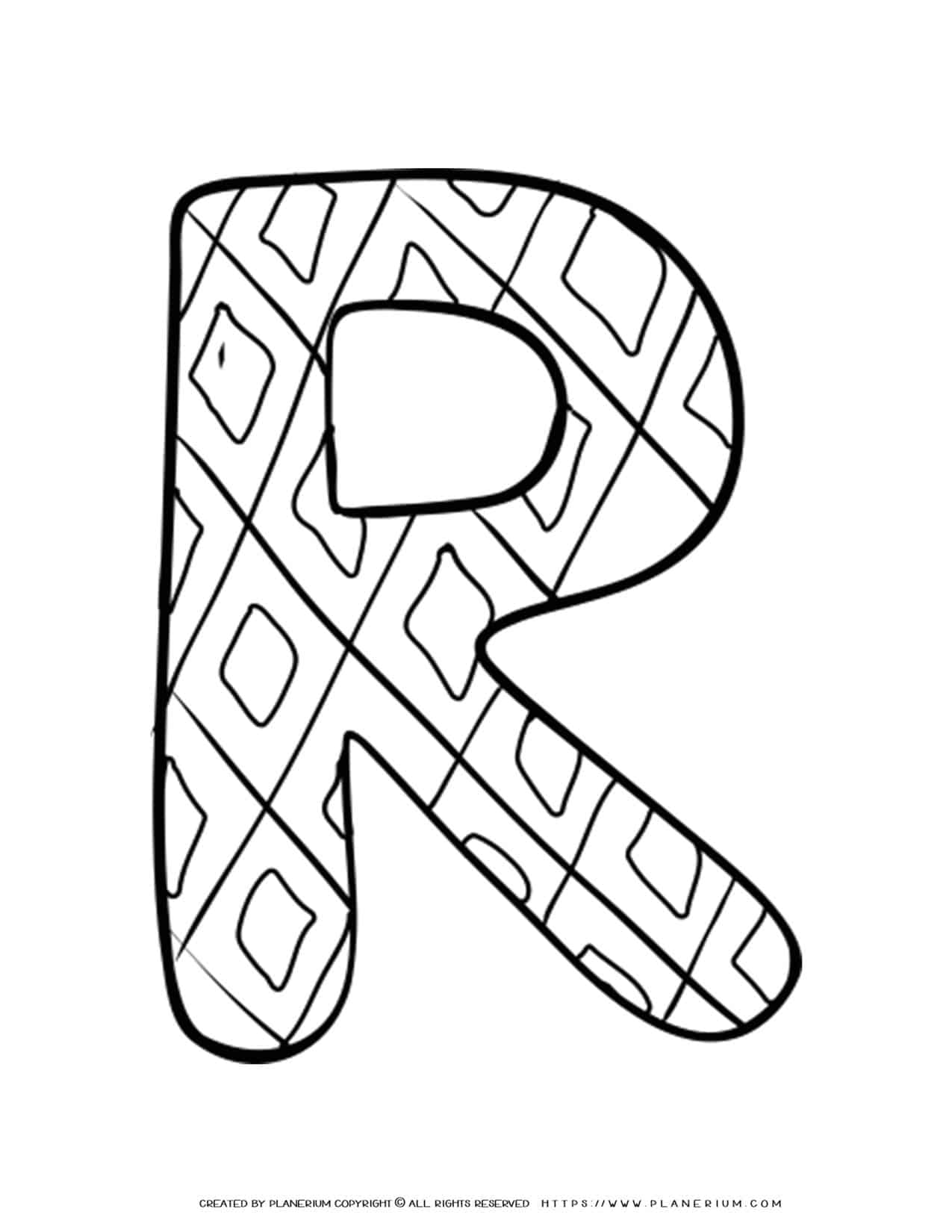 English Alphabet - Capital R with Pattern - Coloring Page | Planerium