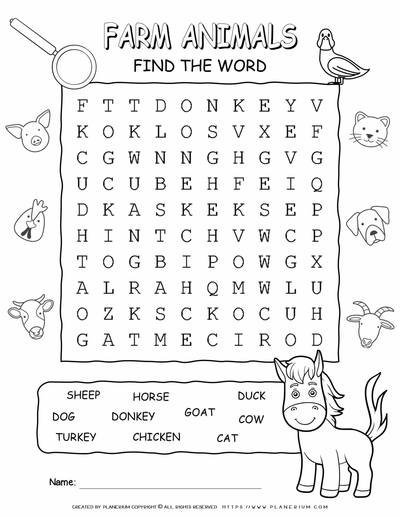 Animals Word Search - Ten Words | Planerium