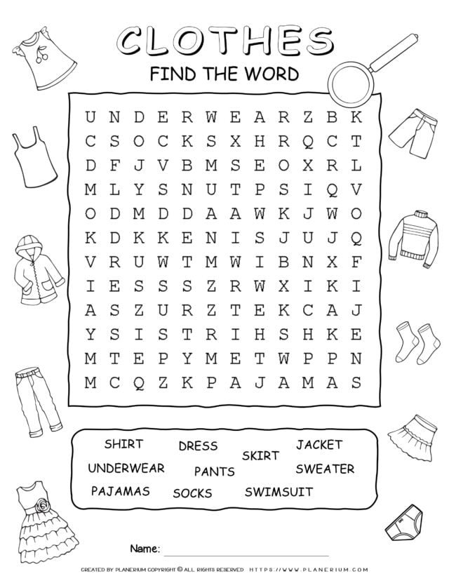 Clothes Word Search with ten Words