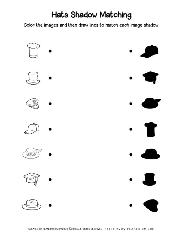 Clothes Worksheet - Hats Shadow Matching | Planerium