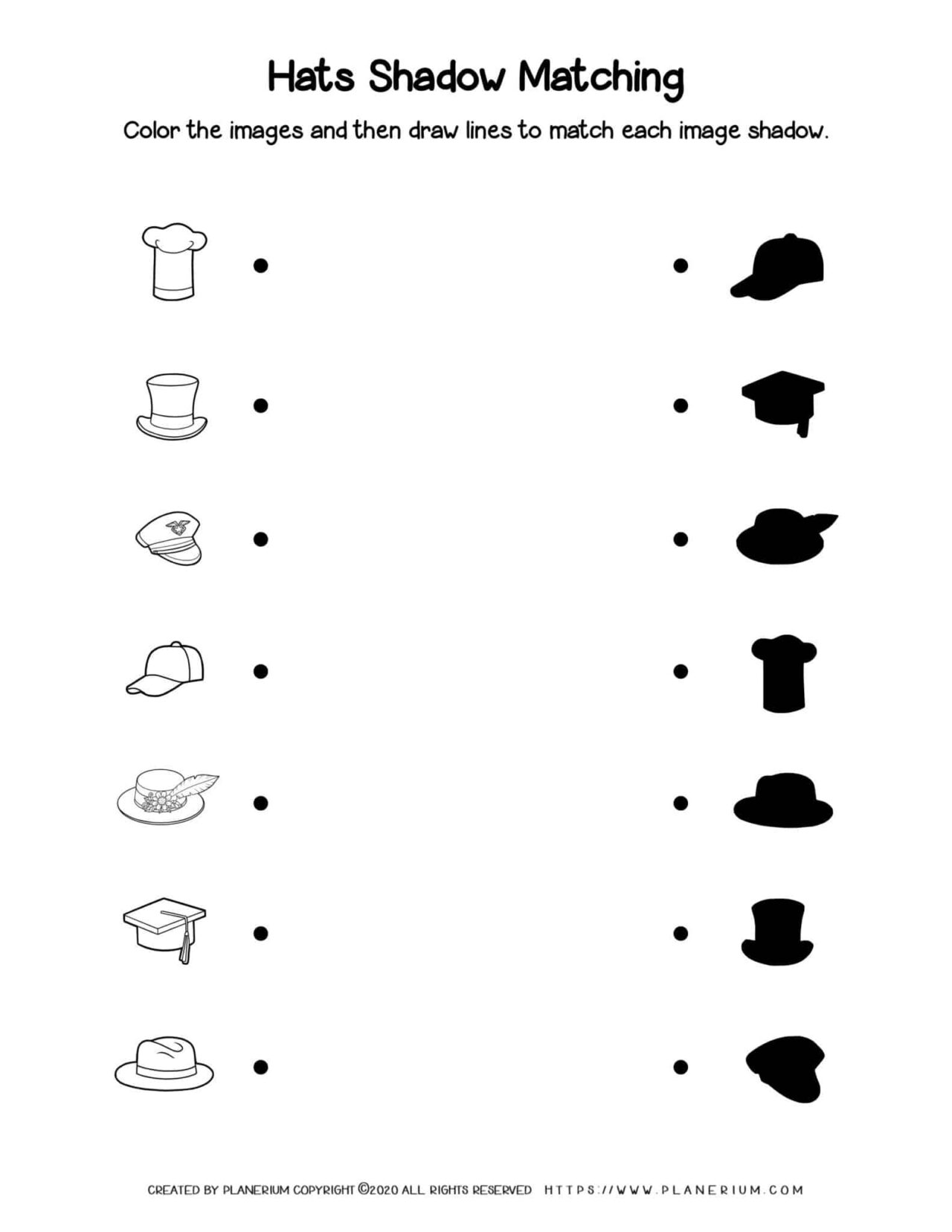 Clothes Worksheet - Hats Shadow Matching | Planerium