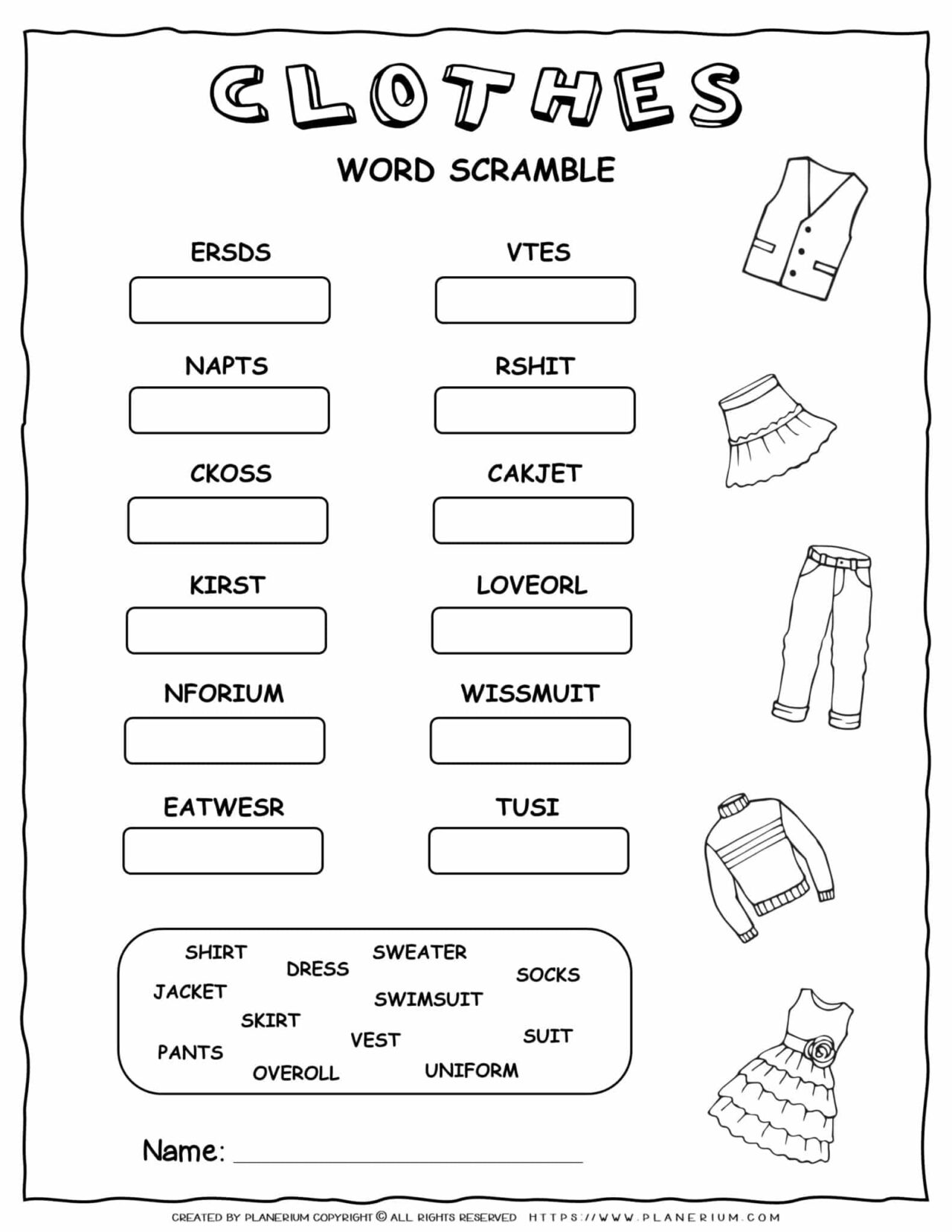 Clothes Worksheet - Scramble Words | Planerium