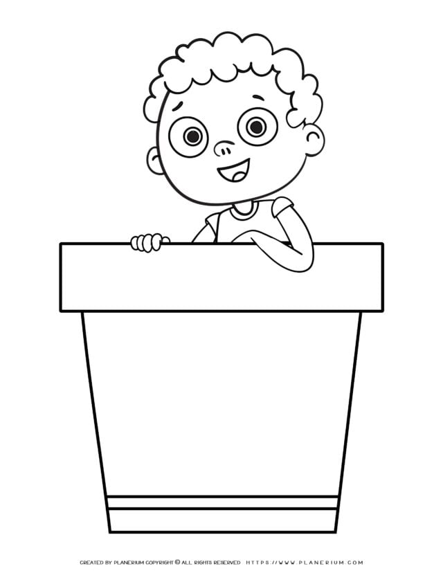 Coloring page of a happy boy popping out of a pot
