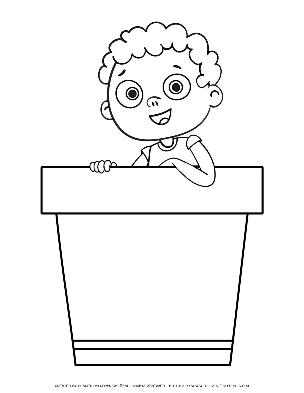 Coloring page of a happy boy popping out of a pot