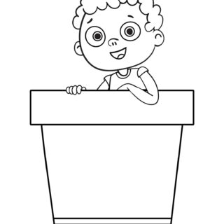 Coloring page of a happy boy popping out of a pot