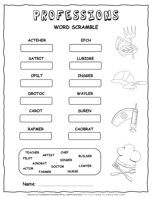 Professions Worksheet - Scramble Words | Planerium