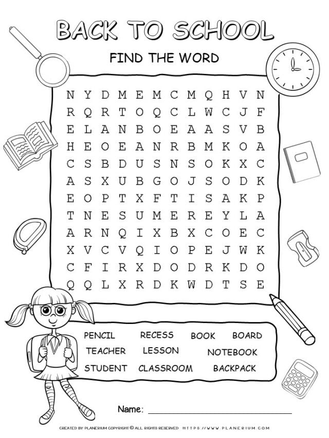 Back To School - Word Search Puzzle With Ten Words | Planerium