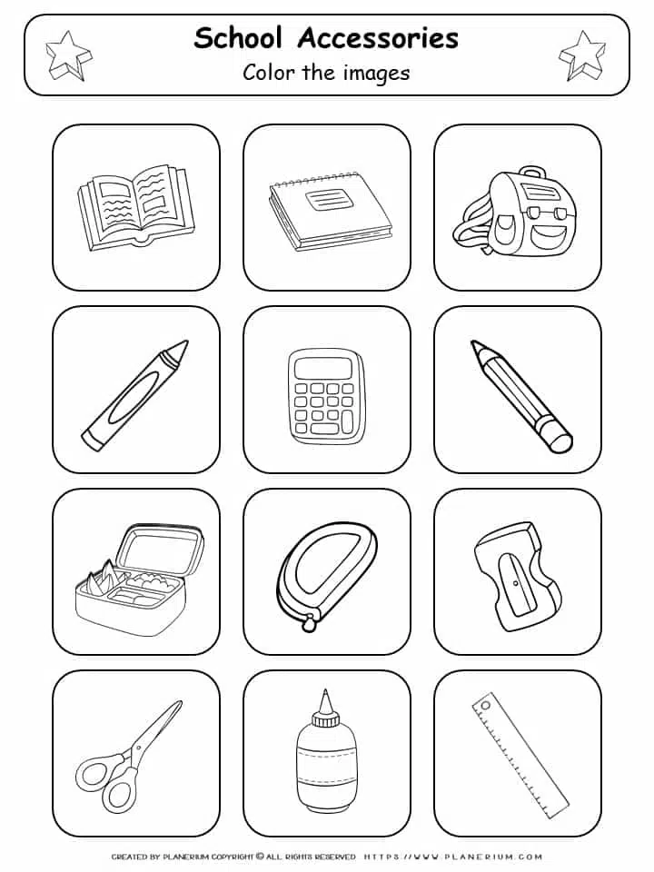 Back To School Worksheet - Coloring Twelve Accessories | Planerium