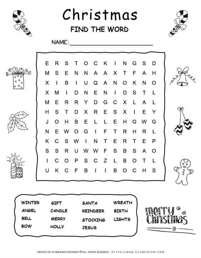Printable Christmas word search with fifteen words for kids