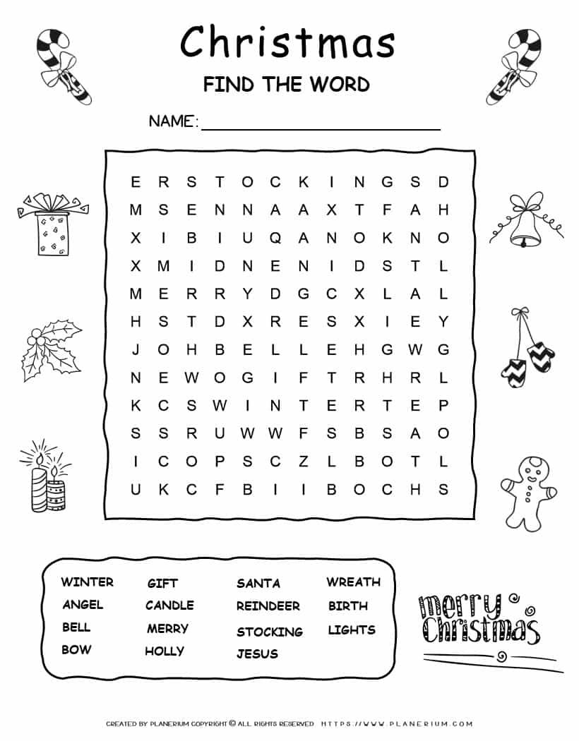 Printable Christmas word search with fifteen words for kids