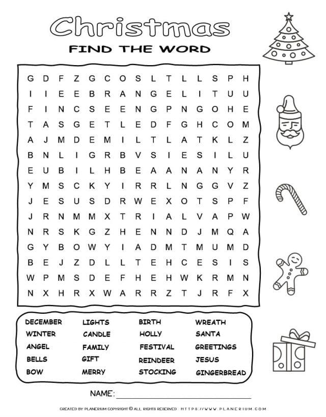 Printable Christmas word search with twenty words for kids