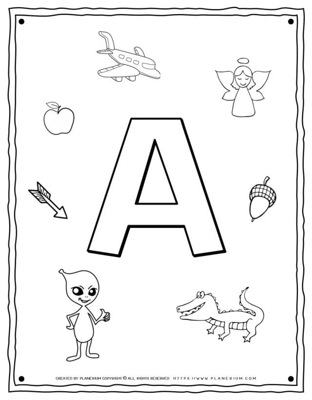 English Alphabet - Things Starting With A - Coloring Page | Planerium