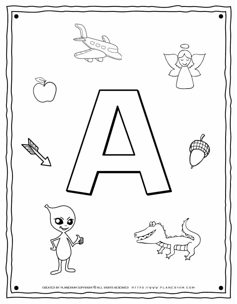 English Alphabet - Things Starting With A - Coloring Page | Planerium