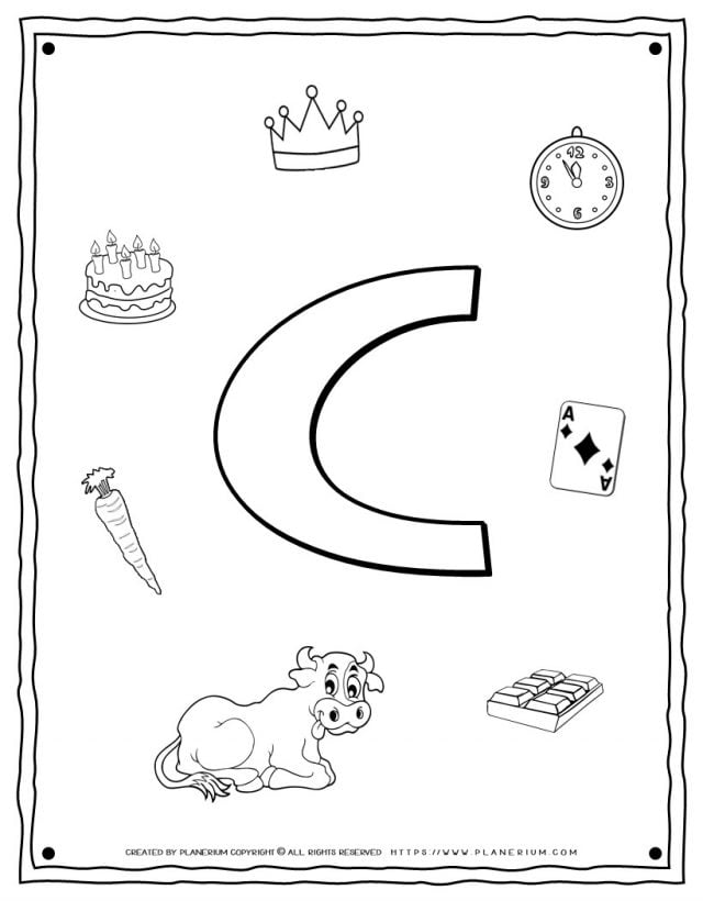 English Alphabet - Things Starting With C - Coloring Page | Planerium