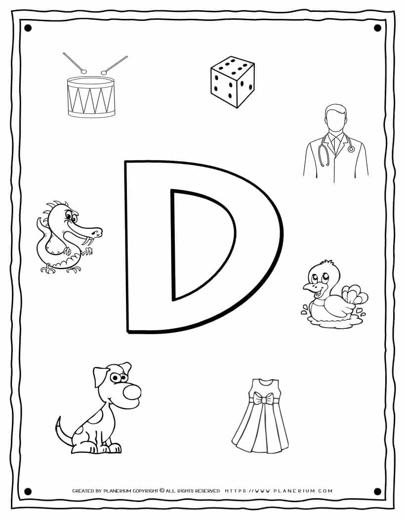 English Alphabet - Things Starting With D - Coloring Page | Planerium