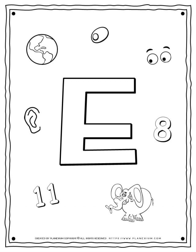 English Alphabet - Things Starting With E - Coloring Page | Planerium
