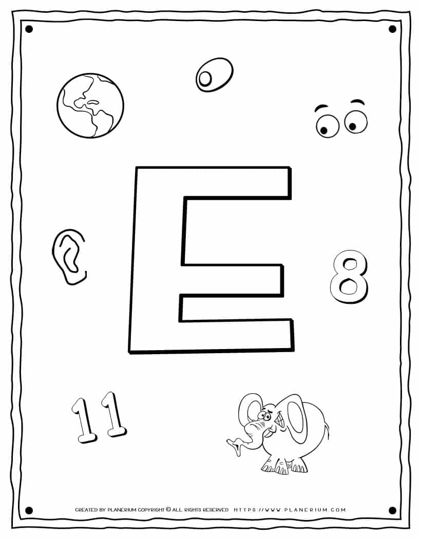 English Alphabet - Things Starting With E - Coloring Page | Planerium