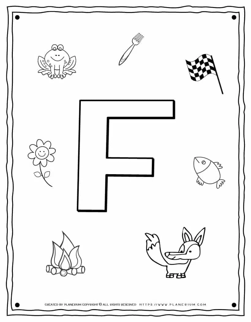 English Alphabet - Things Starting With F - Coloring Page | Planerium